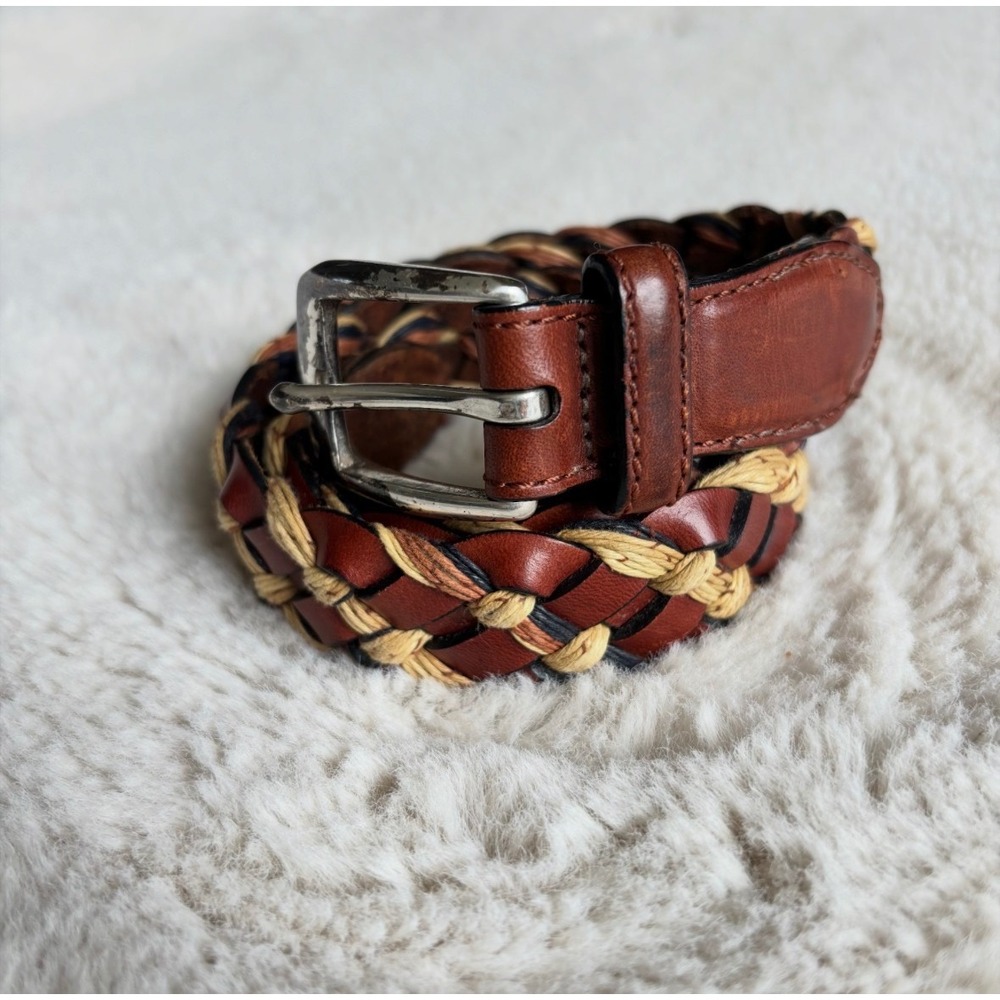 Brighton Braided Belt Mens 34 Brown Leather Woven Straw P3607